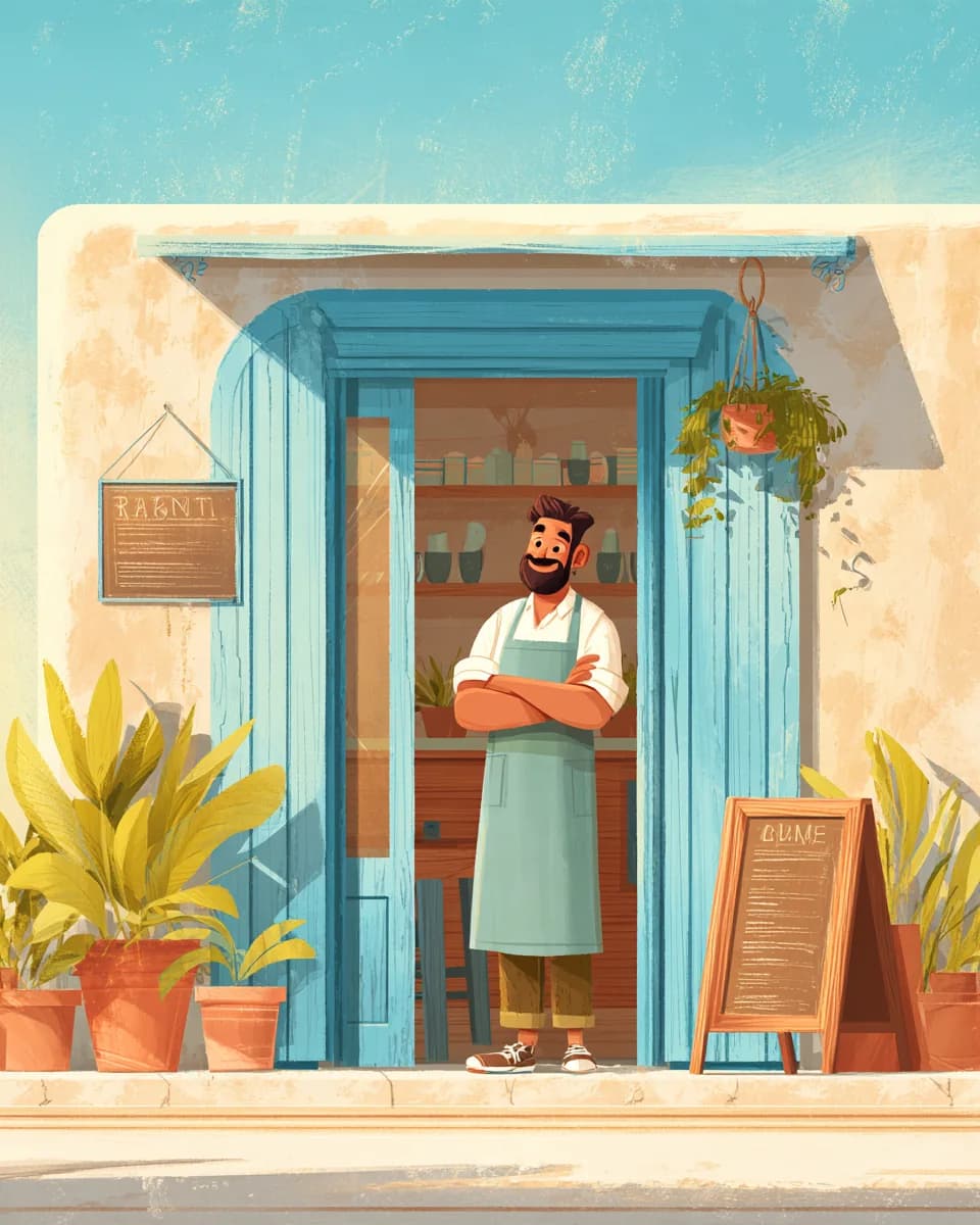 A restaurant owner standing in the doorway of his café