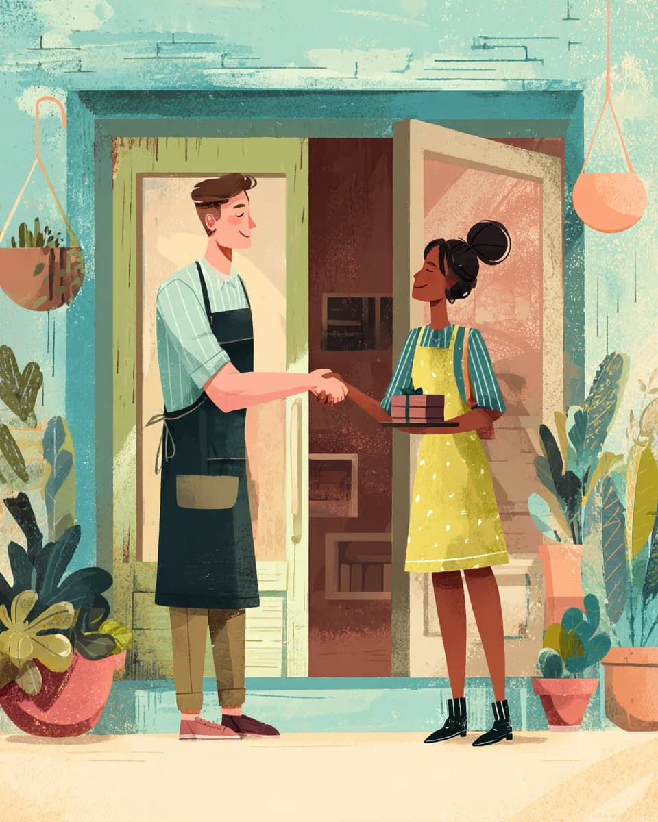 A restaurant owner shaking hands with someone delivering a box of Savr cards
