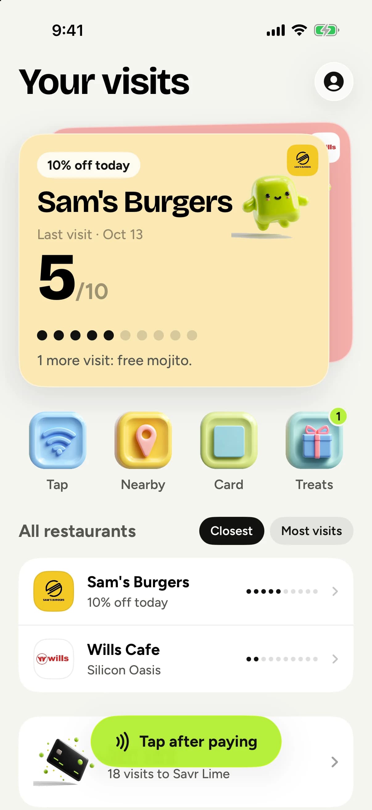 The Savr app home screen: 5 of 10 visits at Sam's Burgers, 10% off today, one more visit to a free mojito